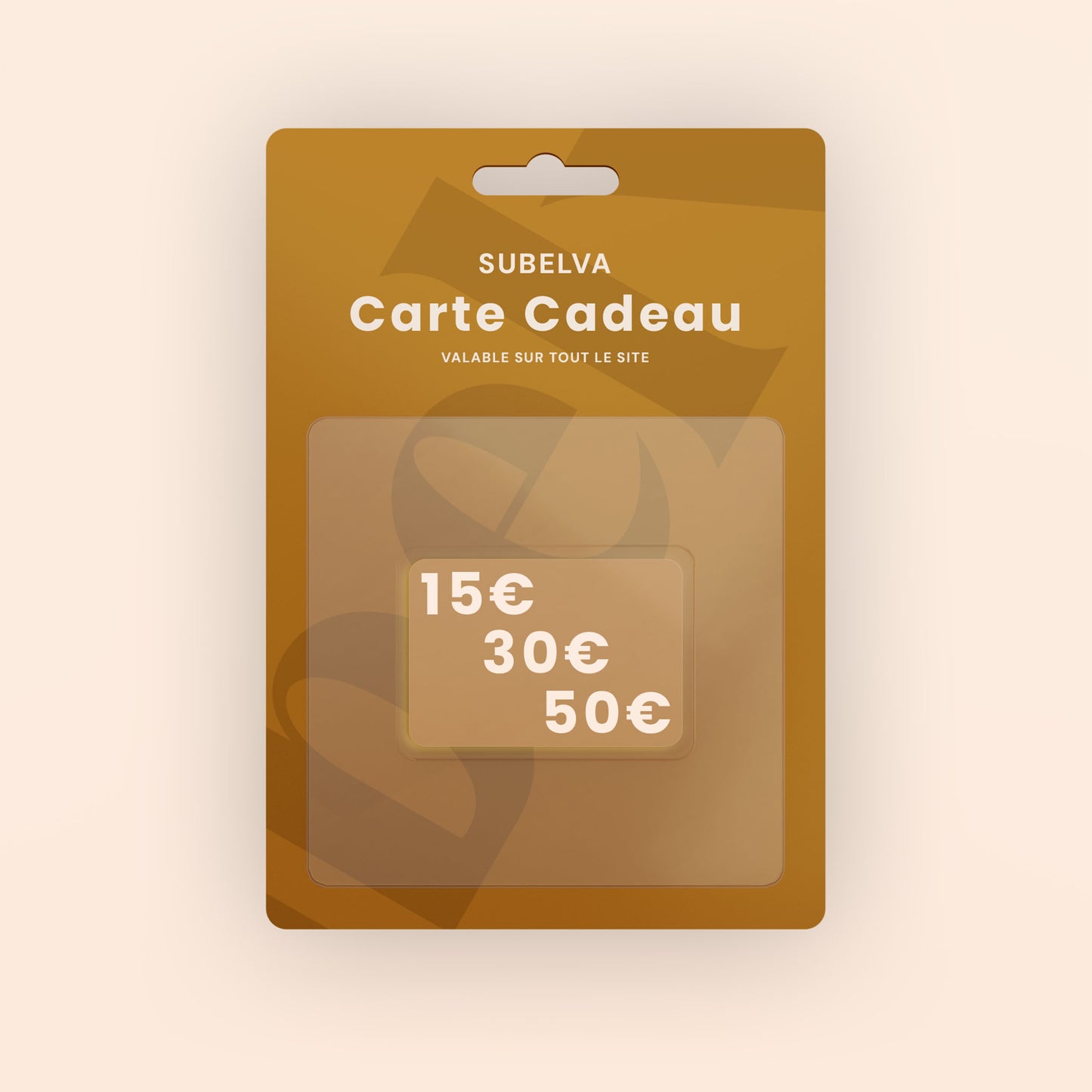 Carte cadeaux. Rectangle orange avec texte "Subelva, "Carte cadeaux", "valable sur tout le site" et chiffres, euros.