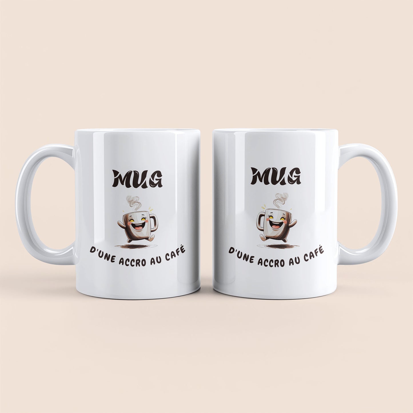 Mug blanc. Texte "Mug" et "D'une accro au café" et une tasse de café heureuse qui court.