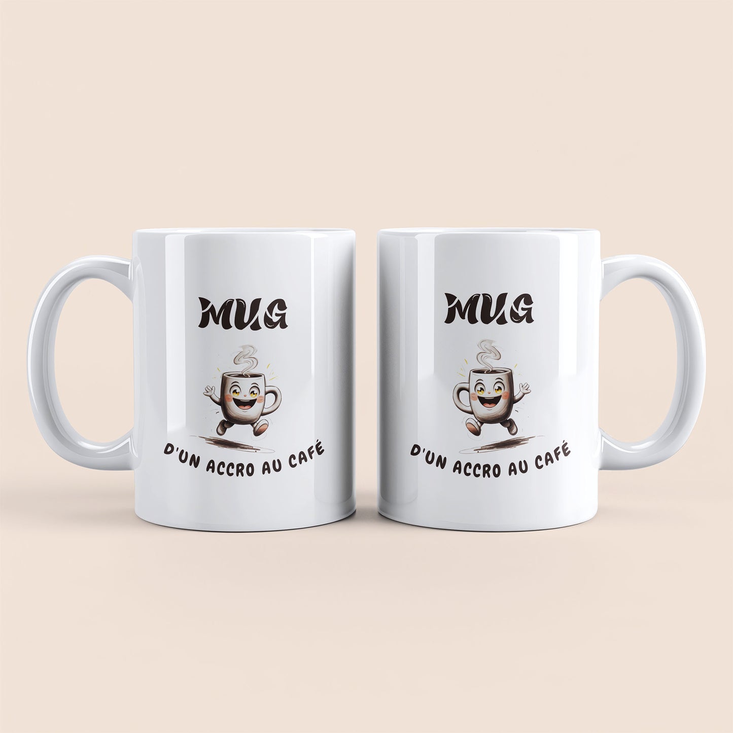 Mug blanc. Texte "Mug" et "D'un accro au café" et une tasse de café heureuse qui court.