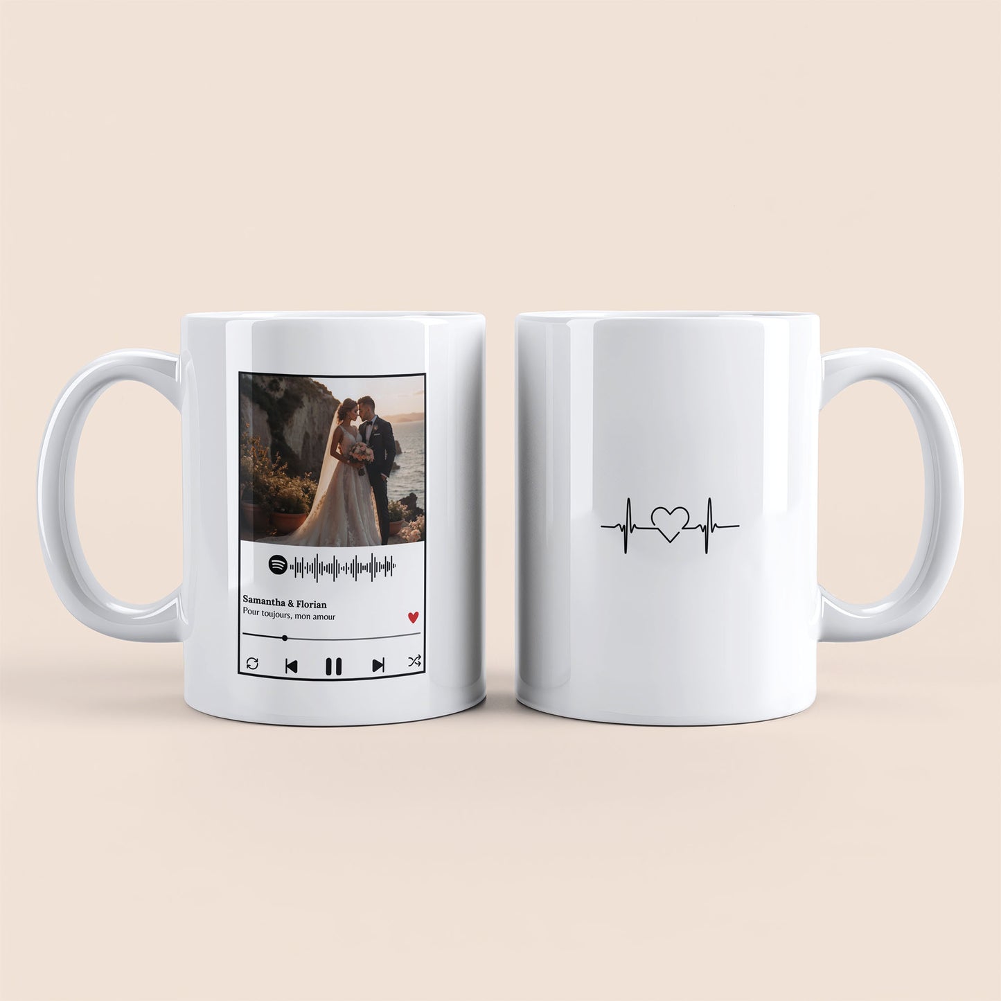 Mug blanc. Cœur avec onde noir à droite. Photo et texte "Samantha & Florian. Pour toujours mon amour" personnalisable dans un cadre de lecteur musique à gauche.