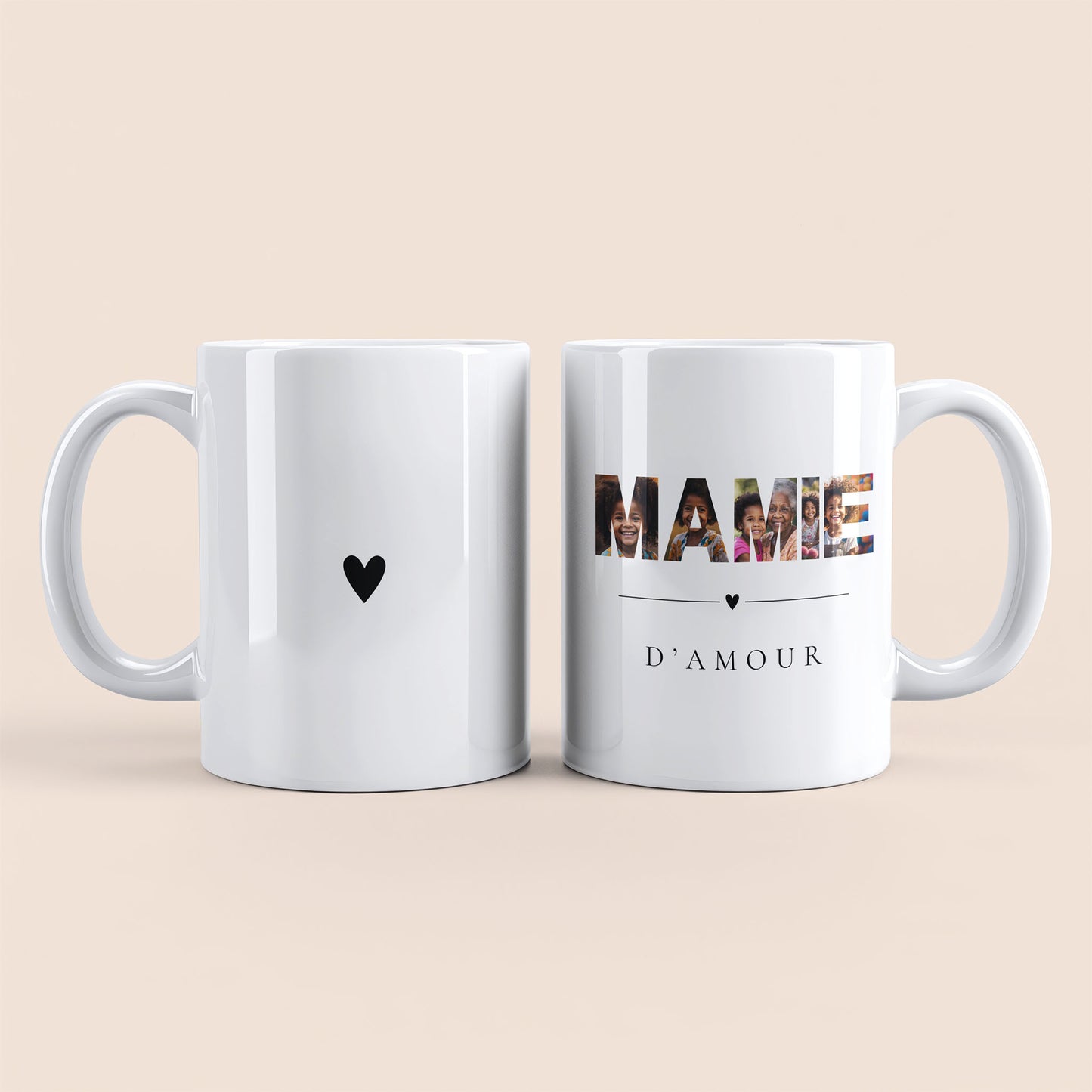 Mug blanc. Lettres "MAMIE" contenant des photos personnalisées et texte "D'amour" à droite. Cœur noir au centre à gauche.