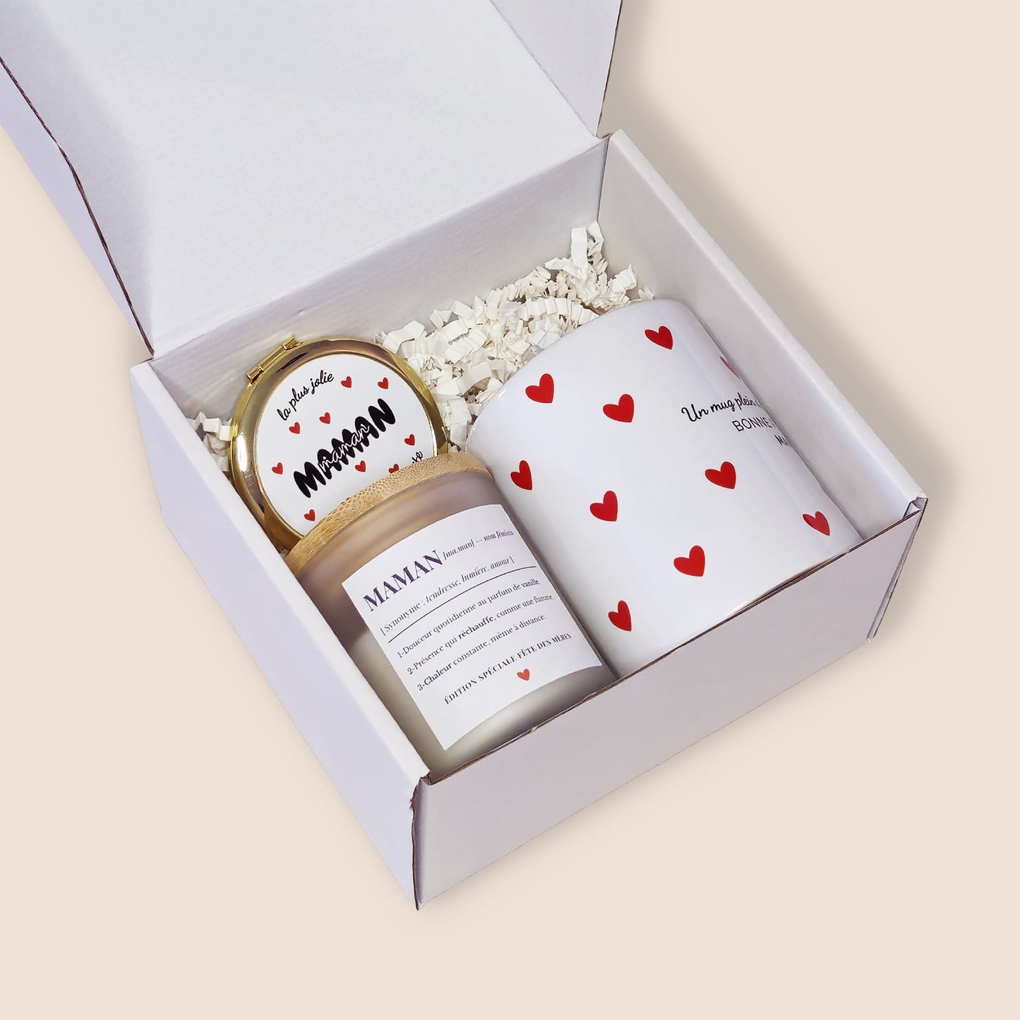 Coffret cadeau Fête des Mères avec mug à cœurs rouges, bougie parfumée et miroir doré – SUBELVA