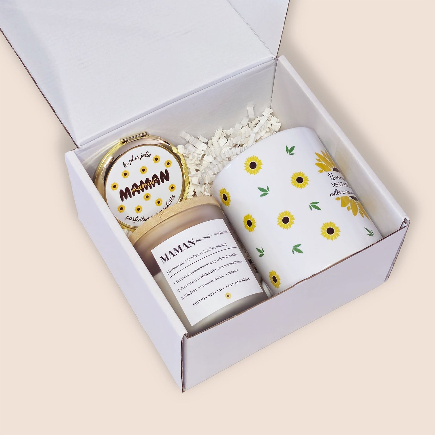 Coffret cadeau Fête des Mères avec mug tournesols, bougie parfumée et miroir doré – SUBELVA