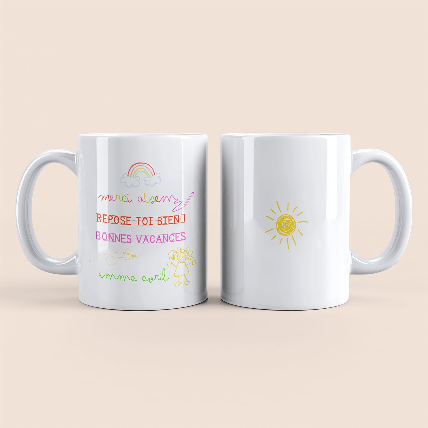 mug atsem personnalisé pour fille avec visuel coloré, prénom et texte bonnes vacances – anse à gauche – cadeau école maternelle