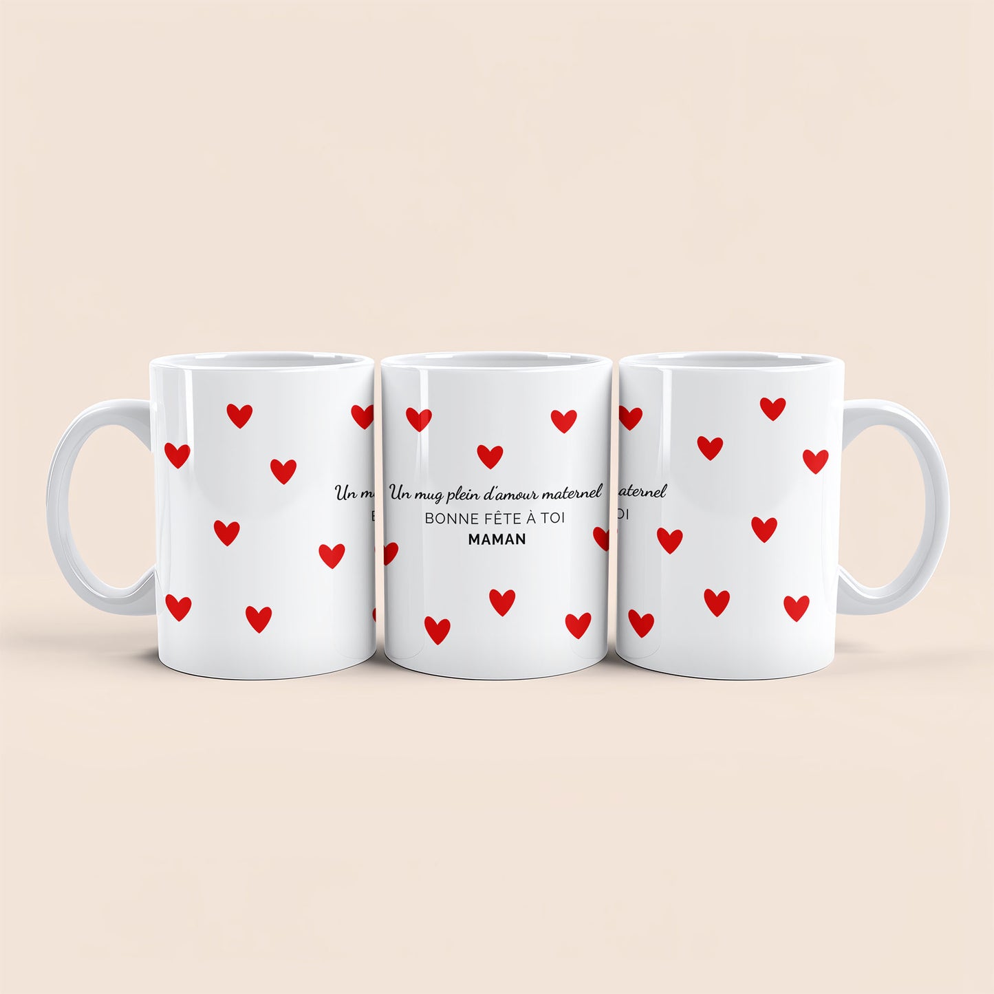 Mug Bonne fête maman avec petits cœurs rouges et message central – SUBELVA