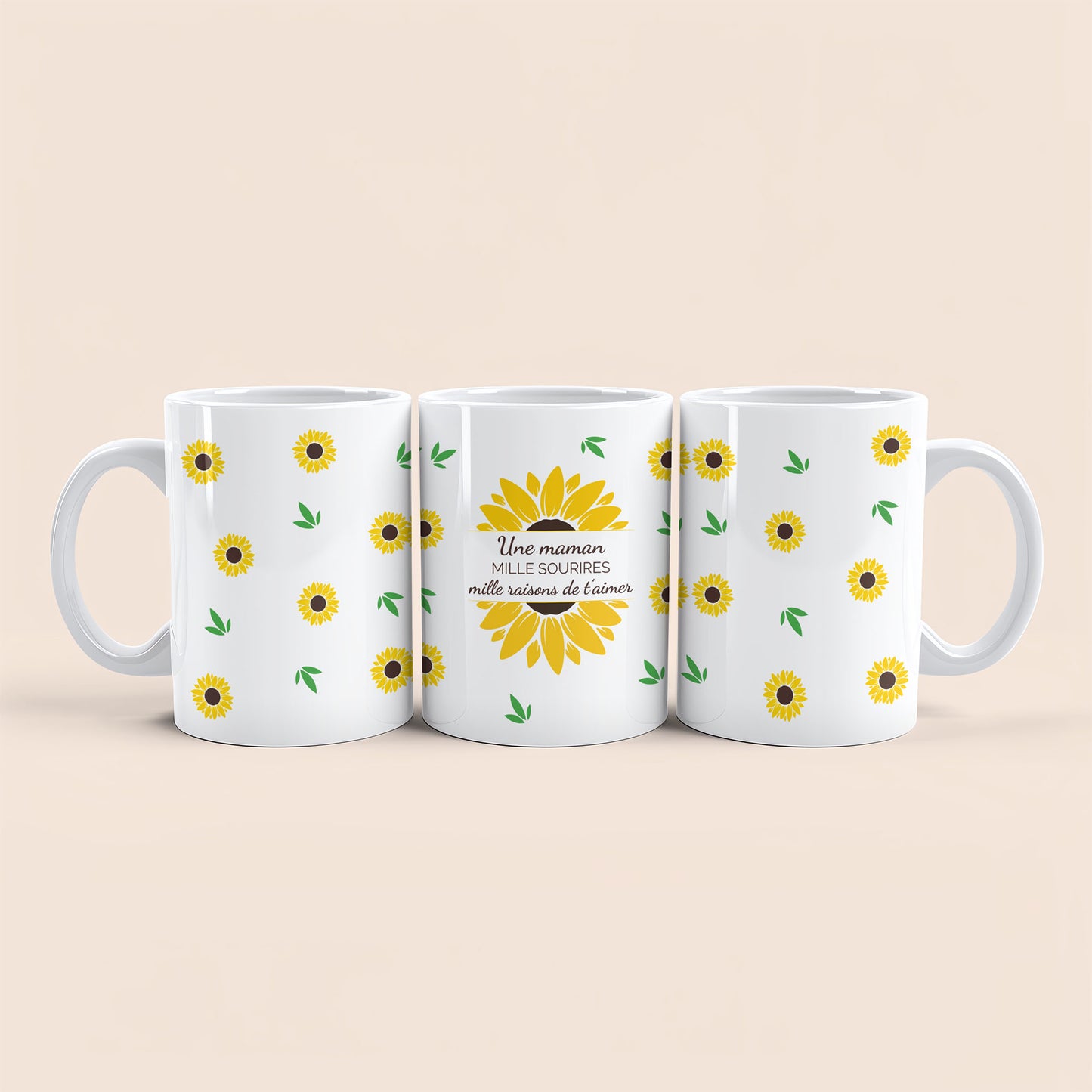 Mug Fête des Mères avec petits tournesols et message “Une maman, mille sourires” – SUBELVA