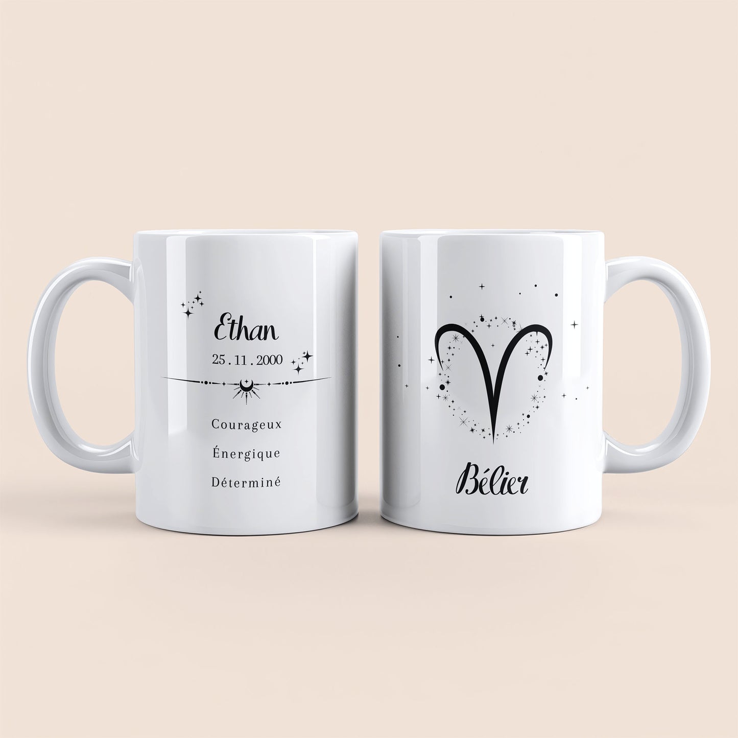 mug astrologie personnalisé signe bélier avec prénom et date de naissance, anse à droite, idée cadeau original pour fan de zodiaque