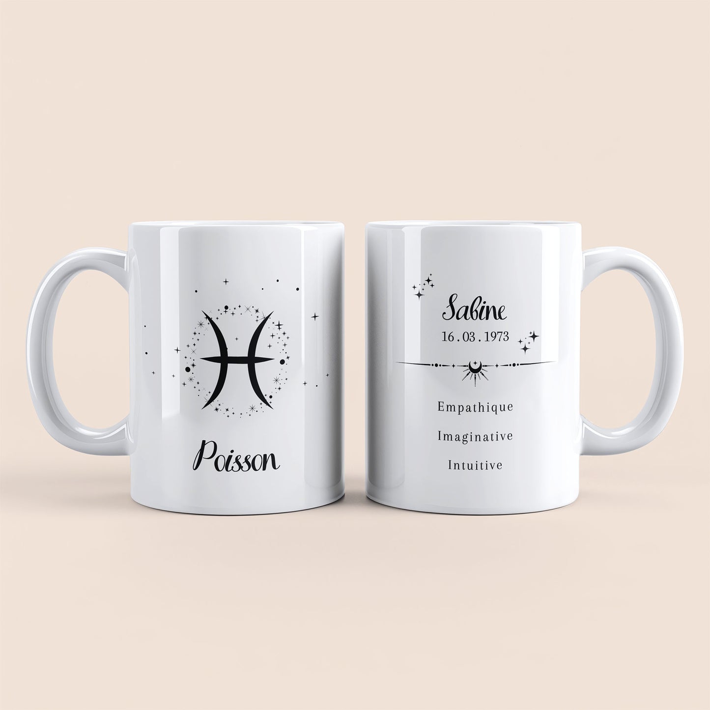 mug astrologie personnalisé signe poisson avec prénom et date, anse à gauche, cadeau unique pour amateur de zodiaque et horoscope