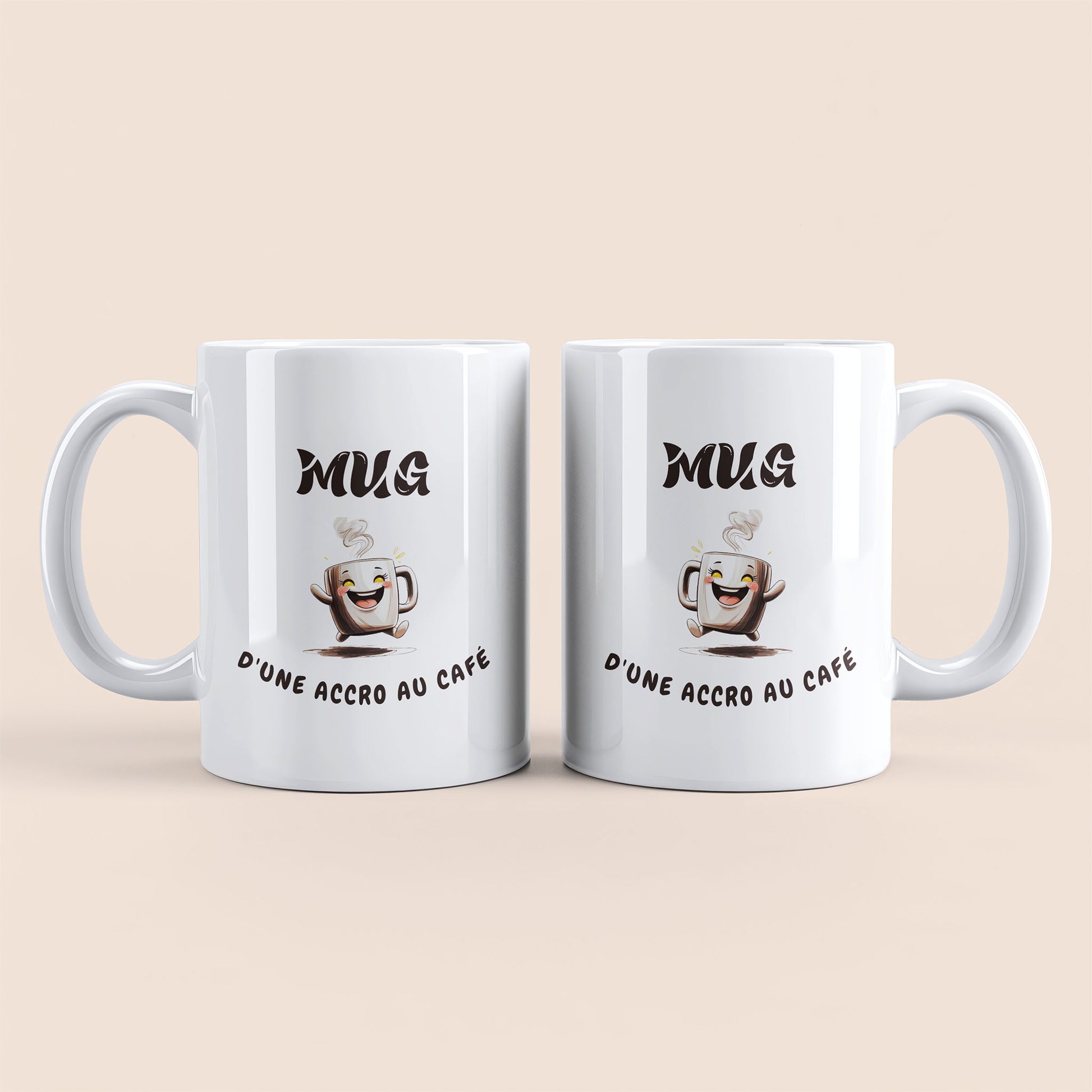 Mug blanc. Texte "Mug" et "D'une accro au café" et une tasse de café heureuse qui court.