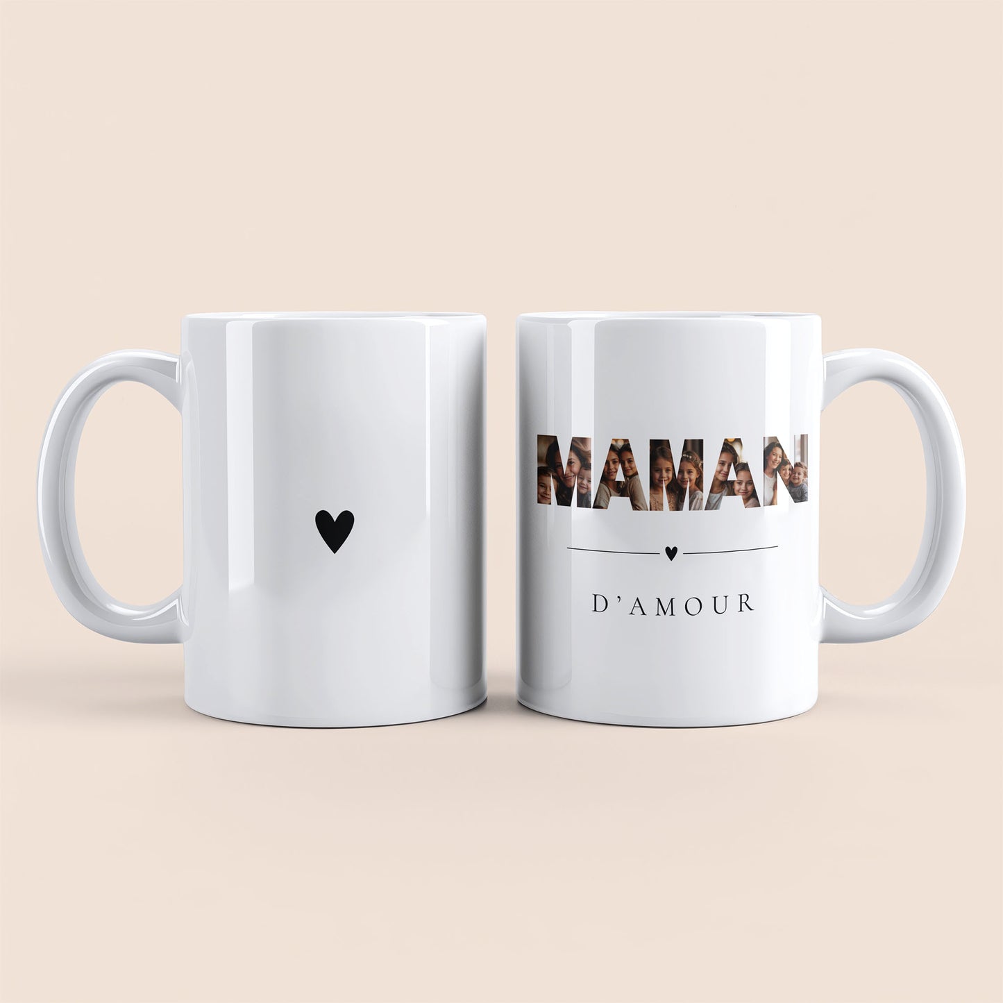 Mug blanc. Lettres "MAMAN" contenant des photos personnalisées et texte "d'amour" à droite. Cœur noir au centre à gauche.