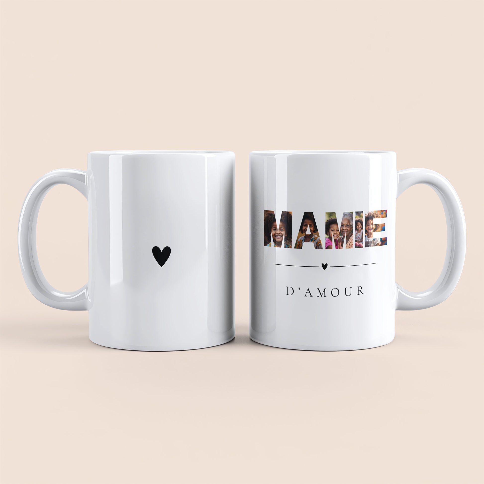 Mug blanc. Lettres "MAMIE" contenant des photos personnalisées et texte "D'amour" à droite. Cœur noir au centre à gauche.