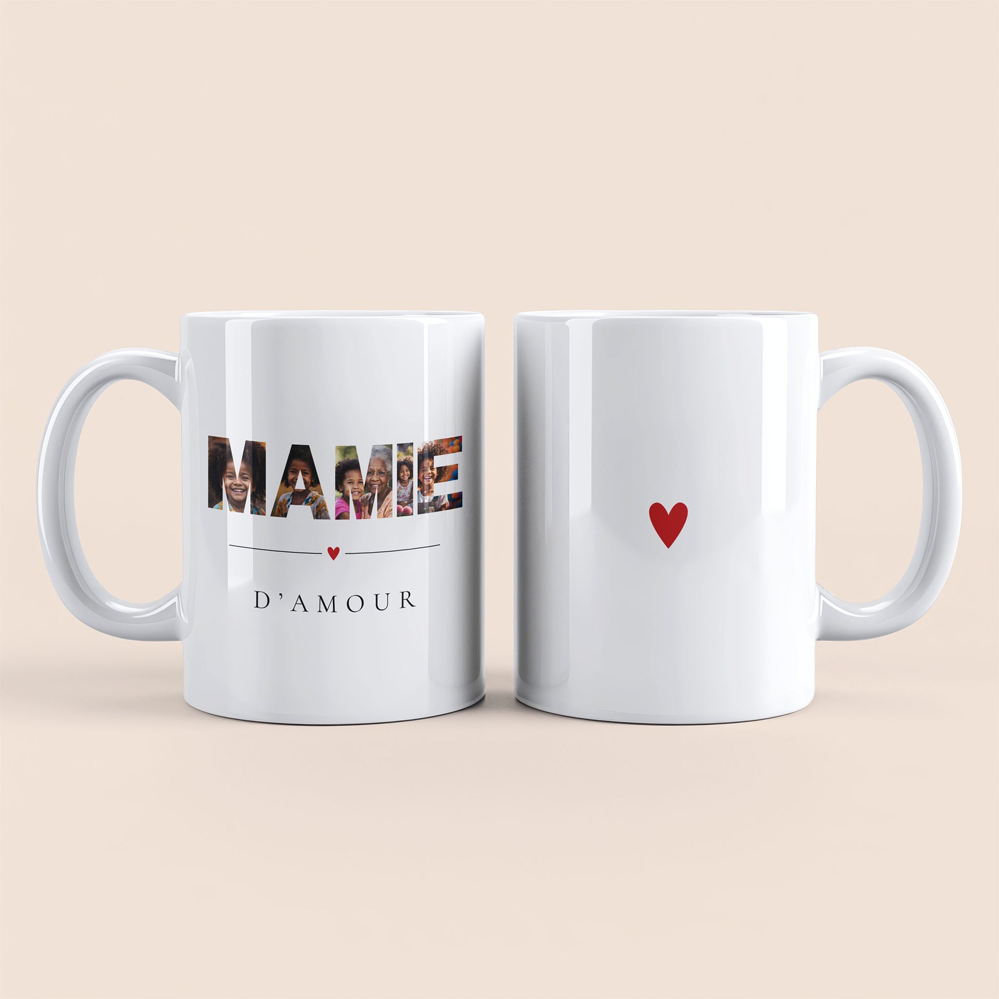 Mug blanc. Lettres "MAMIE" contenant des photos personnalisées et texte "D'amour" à gauche. Cœur rouge au centre à droite.