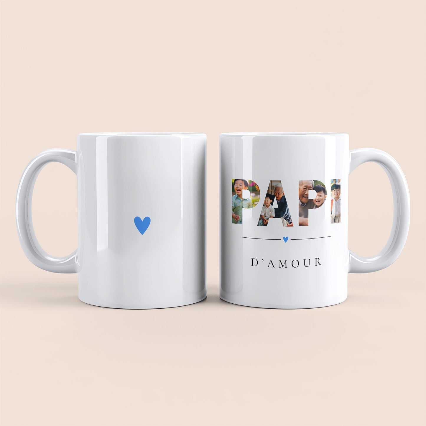 Mug blanc. Lettres "PAPI" contenant des photos personnalisées et texte "D'amour" à droite. Cœur bleu au centre à gauche.