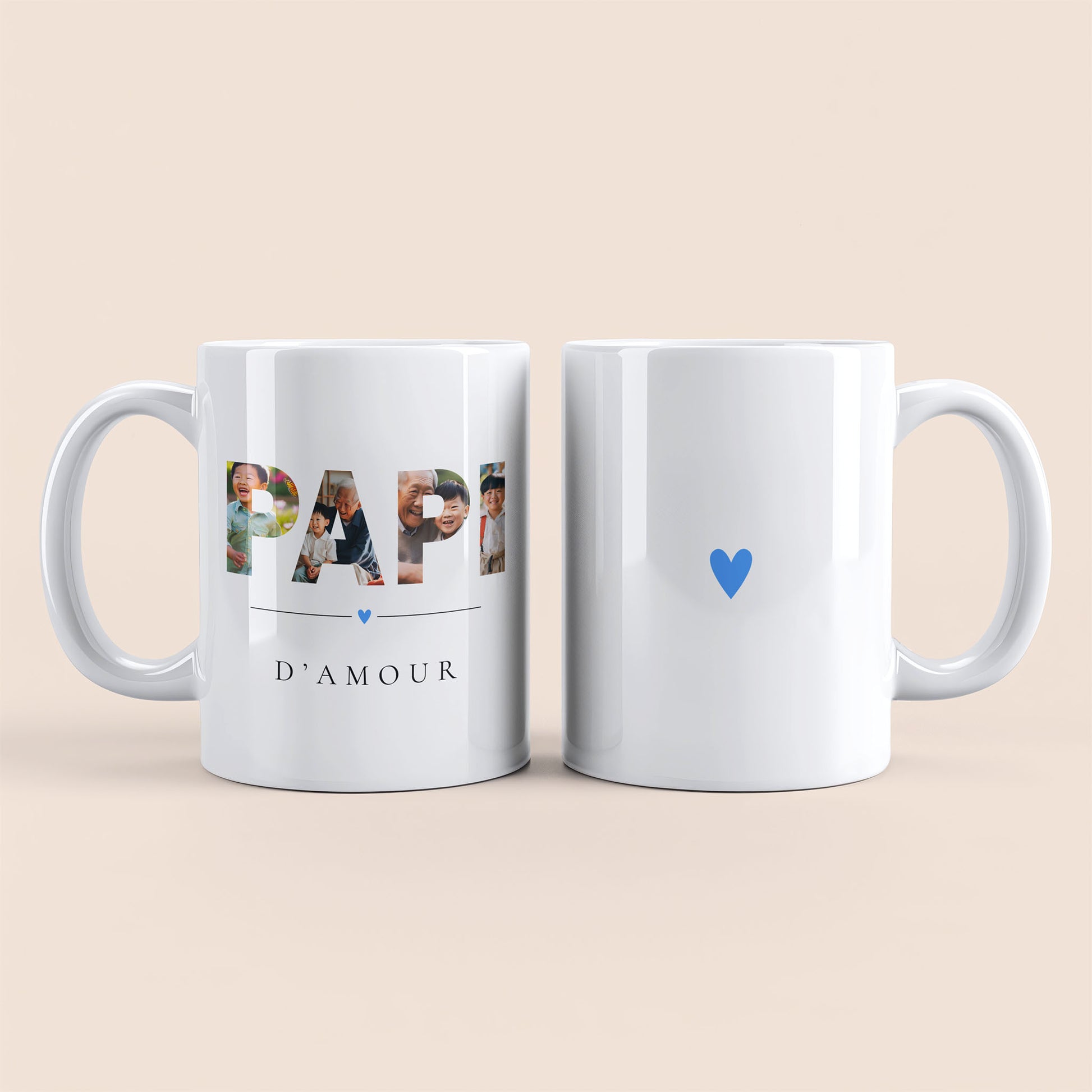 Mug blanc. Lettres "PAPI" contenant des photos personnalisées et texte "D'amour" à gauche. Cœur bleu au centre à droite.