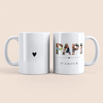 Mug blanc. Lettres "PAPI" contenant des photos personnalisées et texte "D'amour" à droite. Cœur noir au centre à gauche.