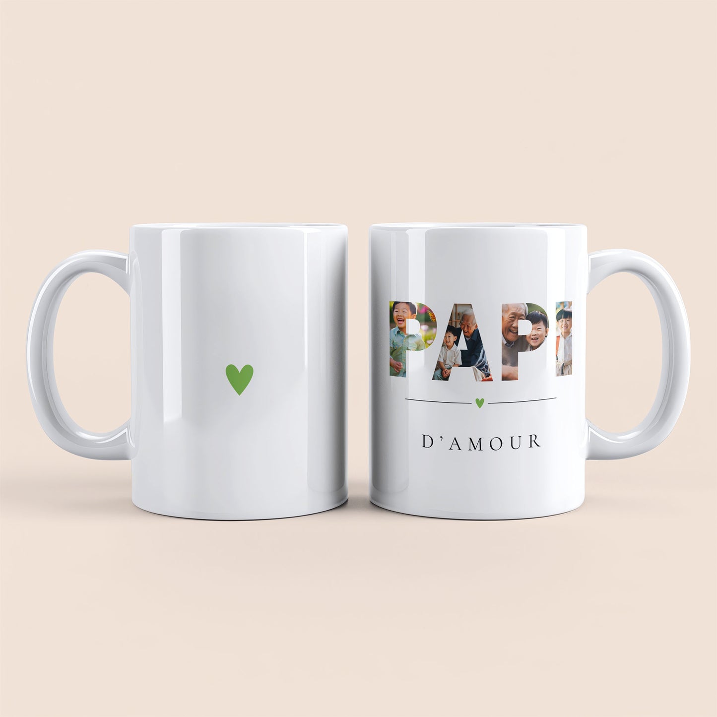 Mug blanc. Lettres "PAPI" contenant des photos personnalisées et texte "D'amour" à droite. Cœur vert au centre à gauche.