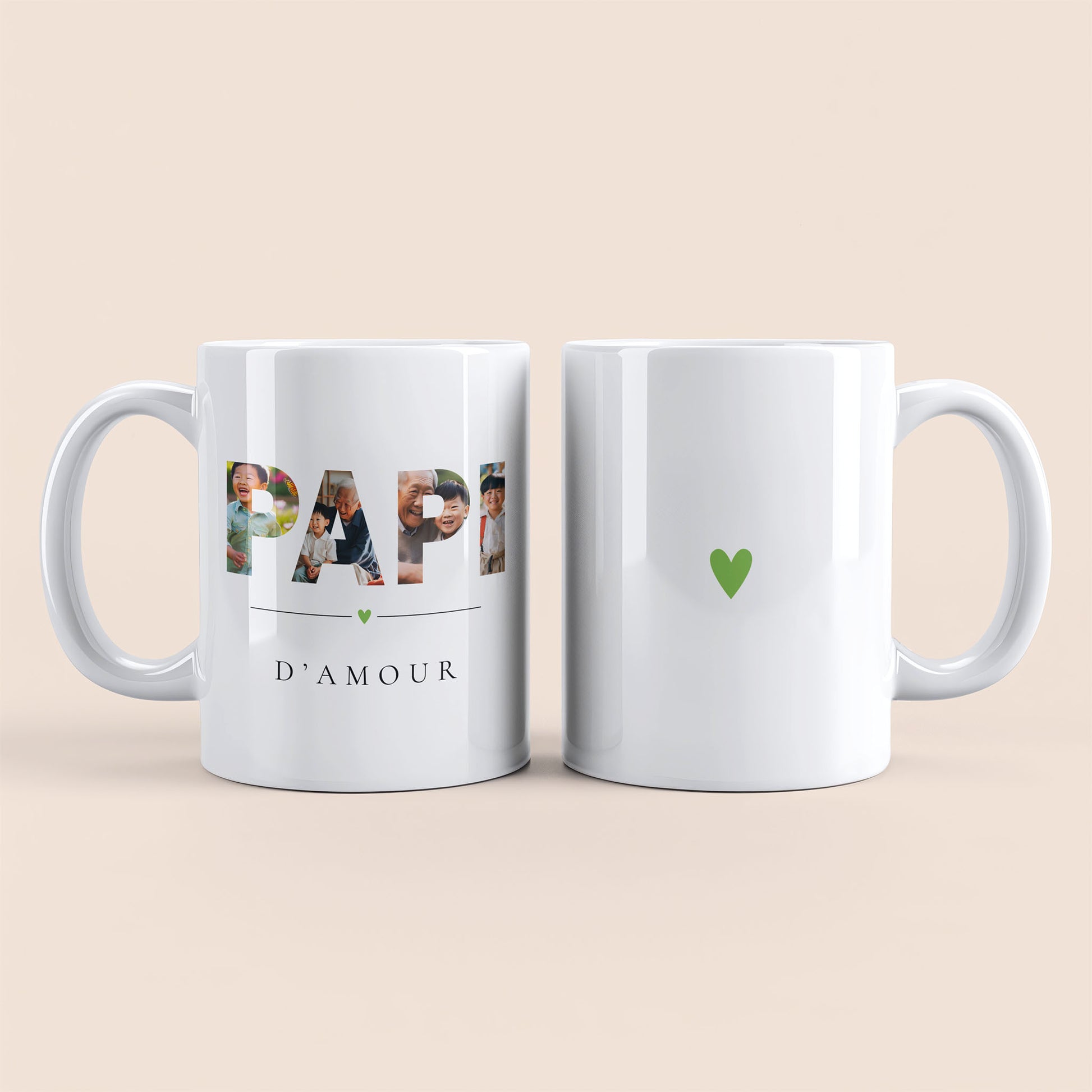 Mug blanc. Lettres "PAPI" contenant des photos personnalisées et texte "D'amour" à gauche. Cœur vert au centre à droite.