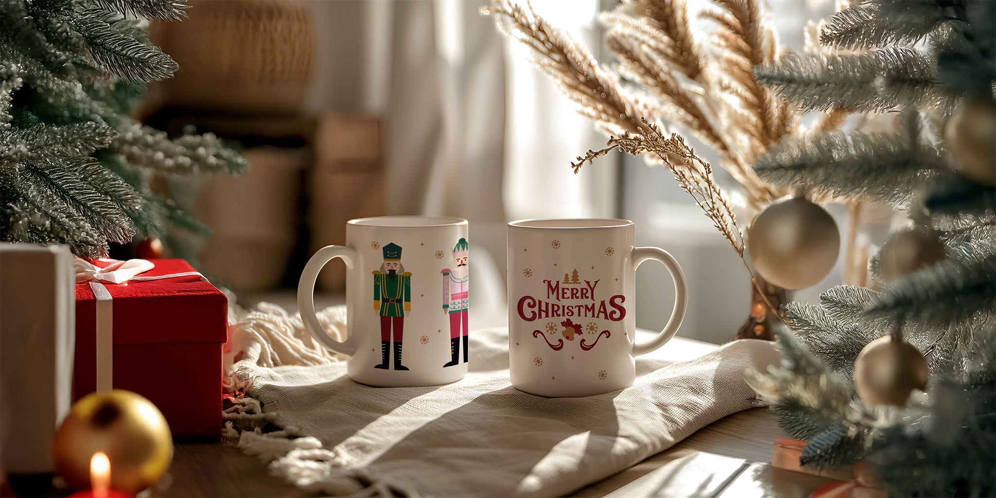 Mug blanc de noël sur fond ambiance festive et sapin