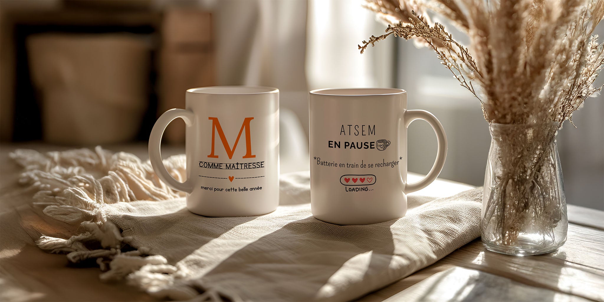 Trois mugs personnalisés avec messages pour maîtresse et atsem, posés sur une table avec fleurs et fournitures scolaires, visuel d’illustration pour idées de cadeaux de fin d’année scolaire