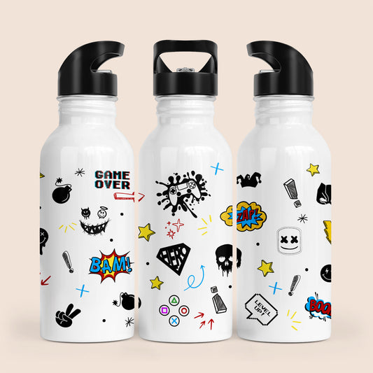 Gourde enfant avec motifs jeux vidéo, BD et emojis