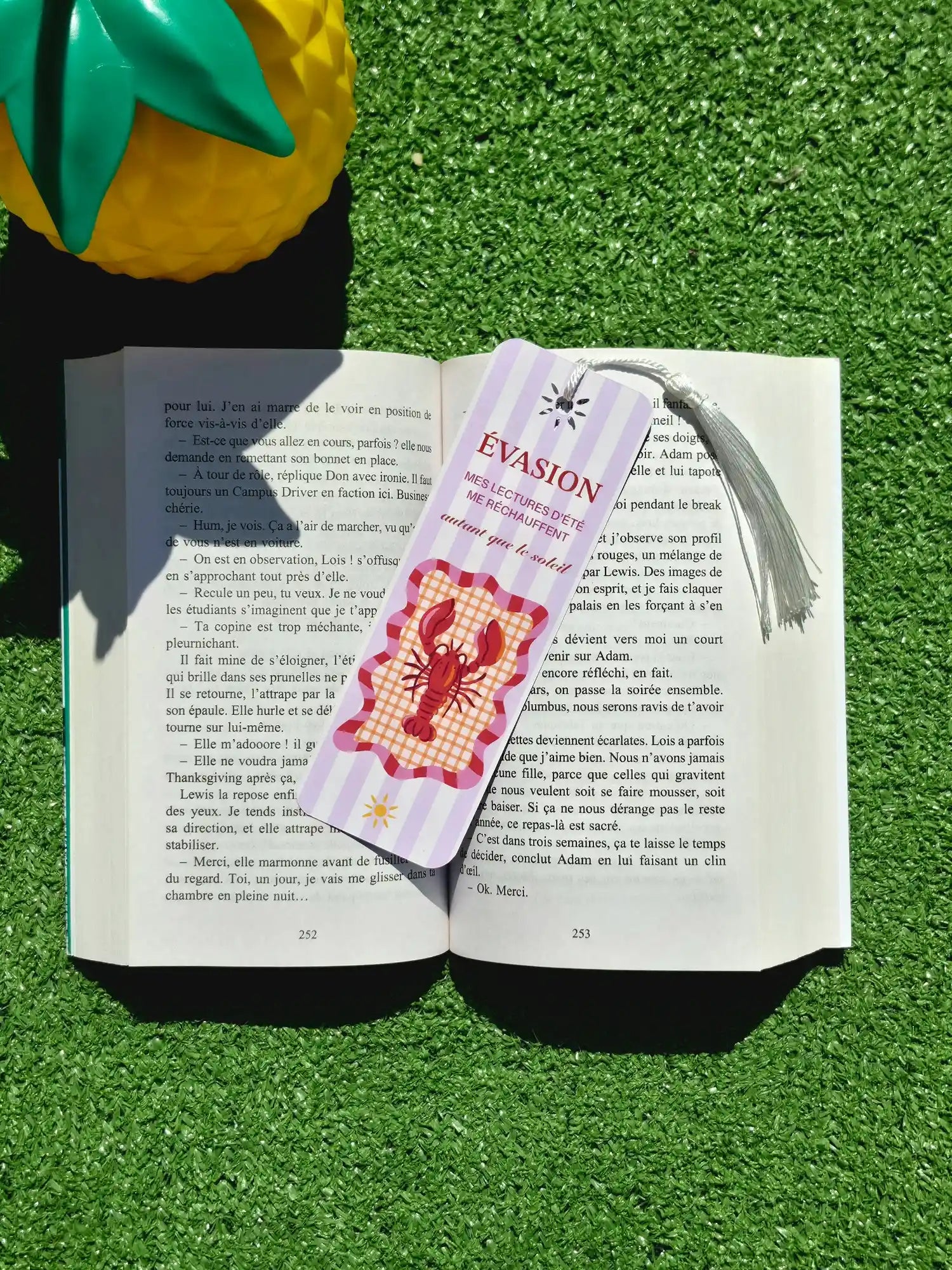 Un marque page sur un livre sur fond d'herbe verte.