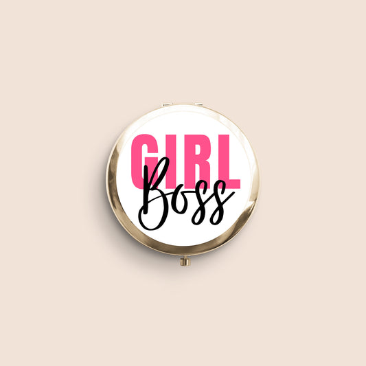 miroir de poche doré avec inscription GIRL Boss rose et noire