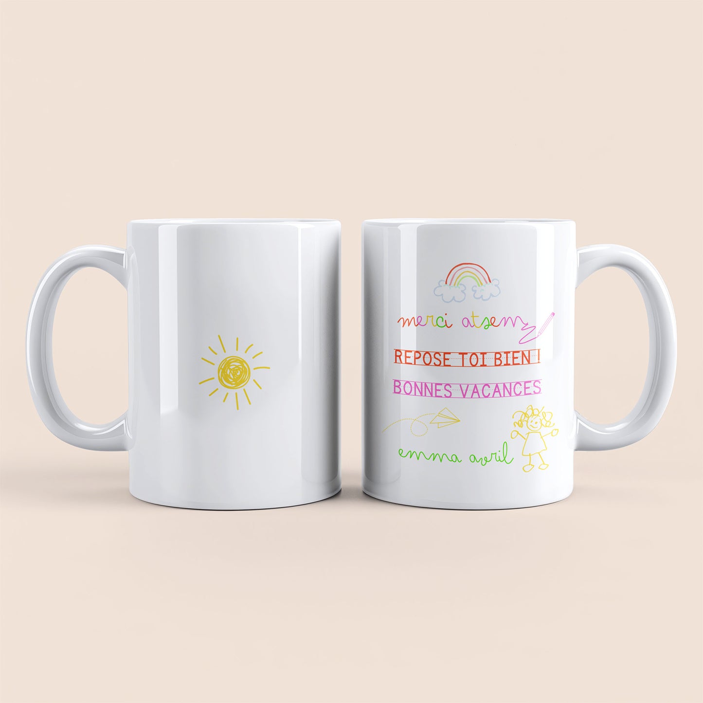 mug personnalisé merci atsem fille avec dessin enfant et message repose-toi bien – anse à droite – idée cadeau fin d’année scolaire