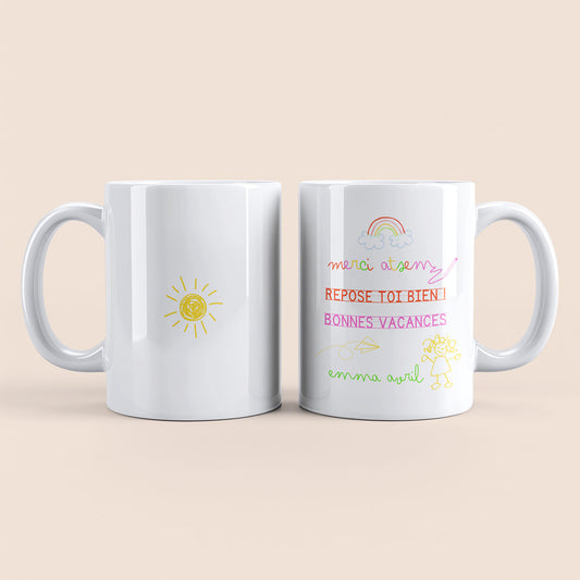 mug personnalisé merci atsem fille avec dessin enfant et message repose-toi bien – anse à droite – idée cadeau fin d’année scolaire