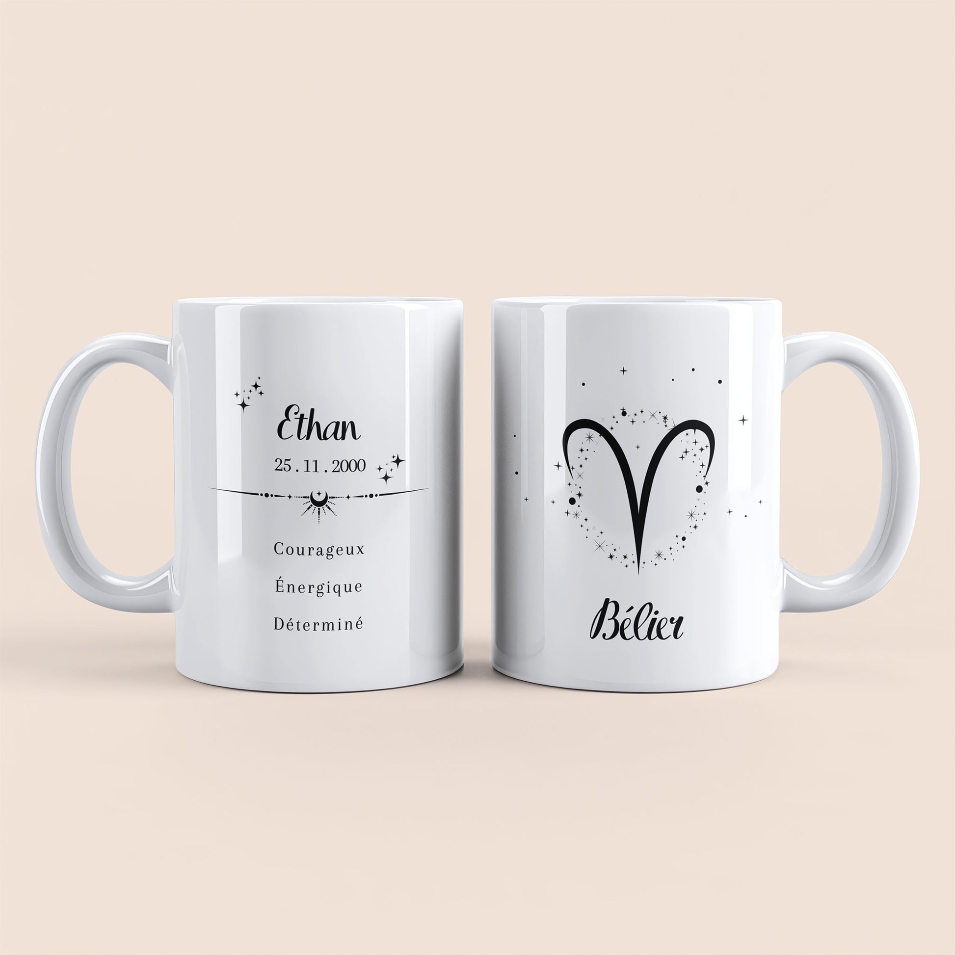 mug astrologie personnalisé signe bélier avec prénom et date de naissance, anse à droite, idée cadeau original pour fan de zodiaque