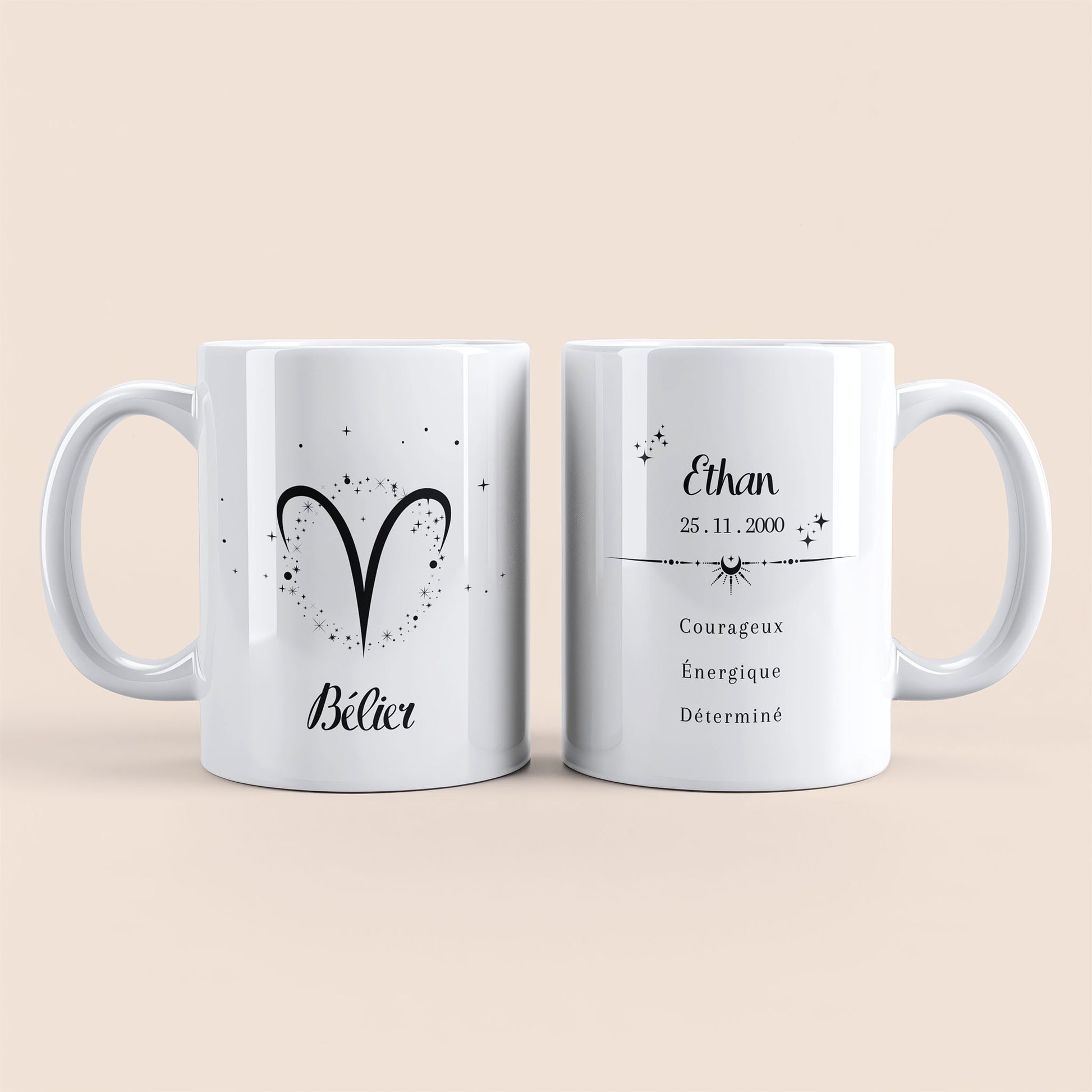mug personnalisé astrologie avec signe bélier, prénom et date de naissance, anse à gauche, cadeau original pour passionné d’astres et de zodiaque