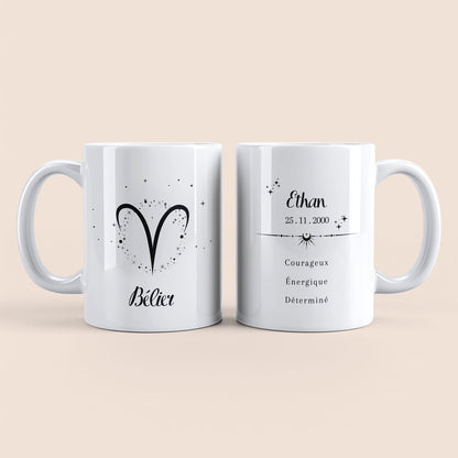 mug personnalisé astrologie avec signe bélier, prénom et date de naissance, anse à gauche, cadeau original pour passionné d’astres et de zodiaque