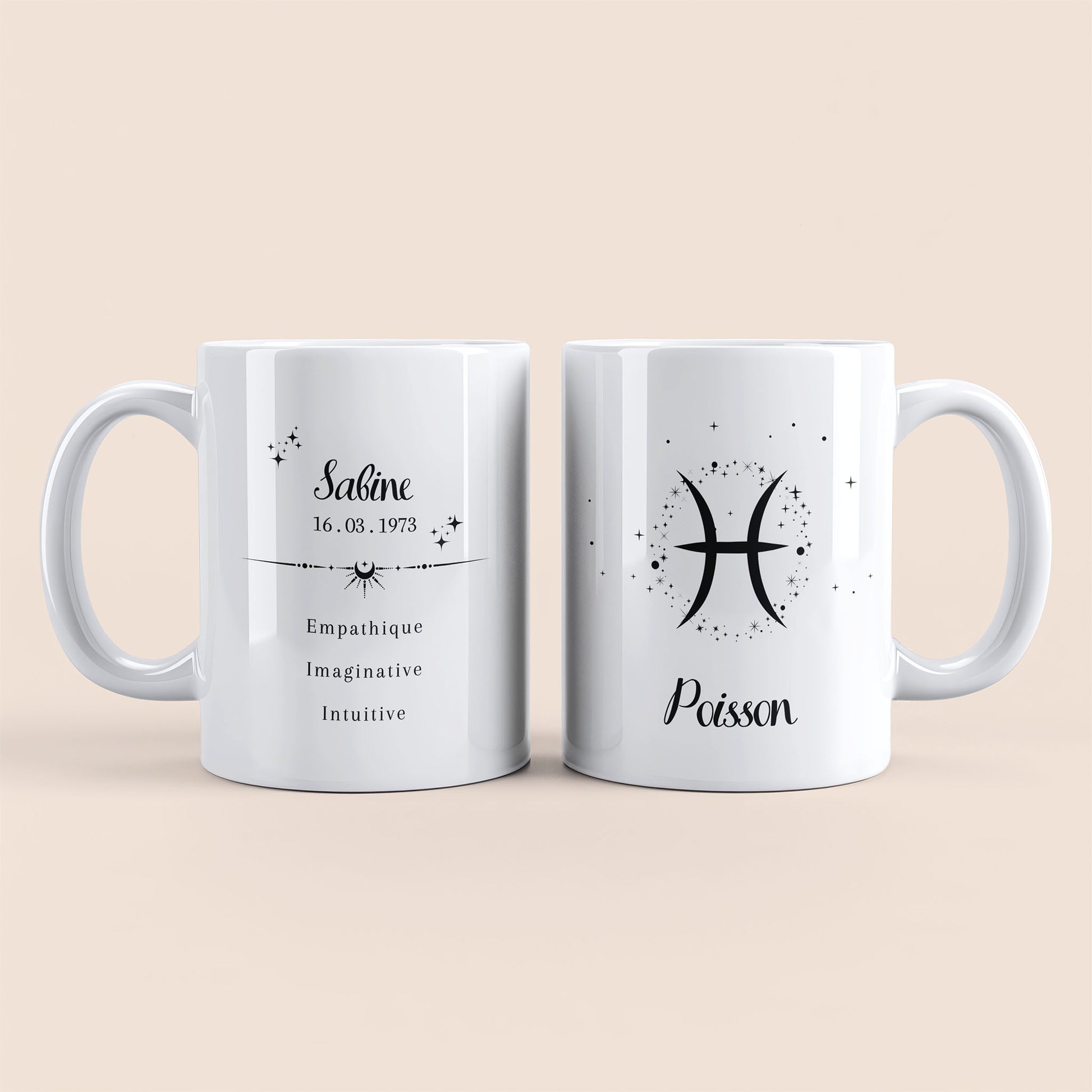 mug personnalisé astrologie signe poisson avec prénom et date de naissance, anse à droite, cadeau original pour passionné d’horoscope
