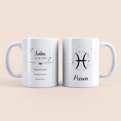 mug personnalisé astrologie signe poisson avec prénom et date de naissance, anse à droite, cadeau original pour passionné d’horoscope